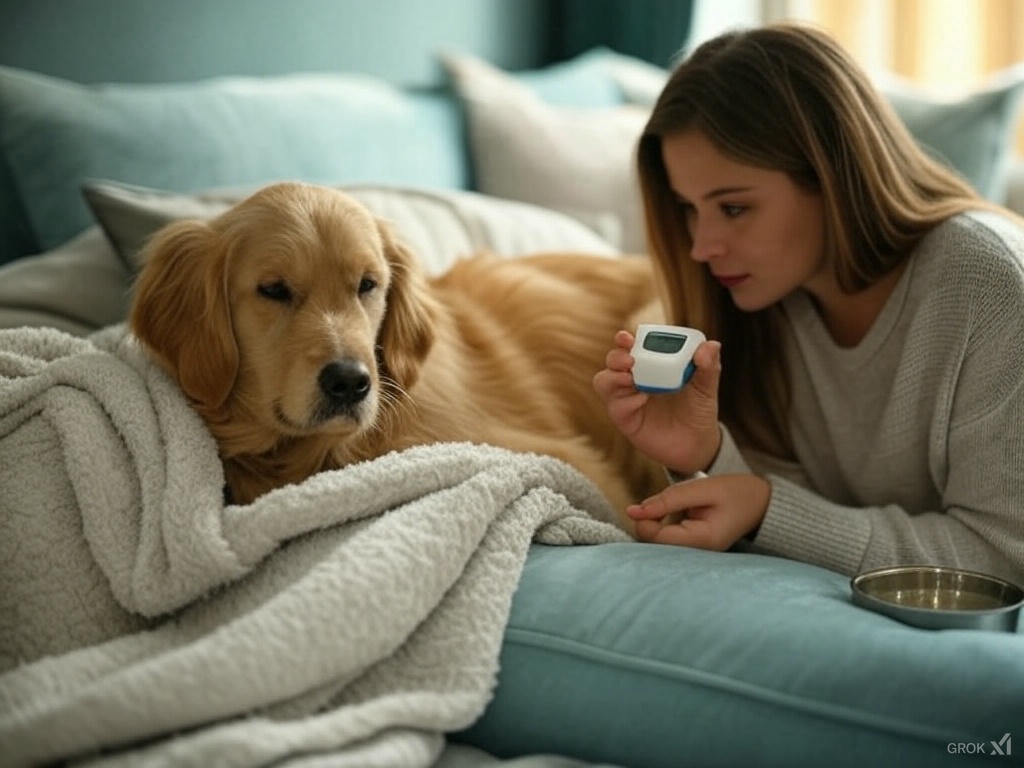 tutora de um Golden junto com seu cachorro com febre
